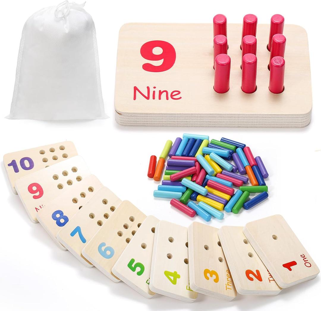 Wooden Counting Peg Board, Kindergarten Math Manipulatives Number Counting Toys, Learning Activities Montessori Educational Toys for 3 4 5 Year Old Kids Boys Girls Gifts