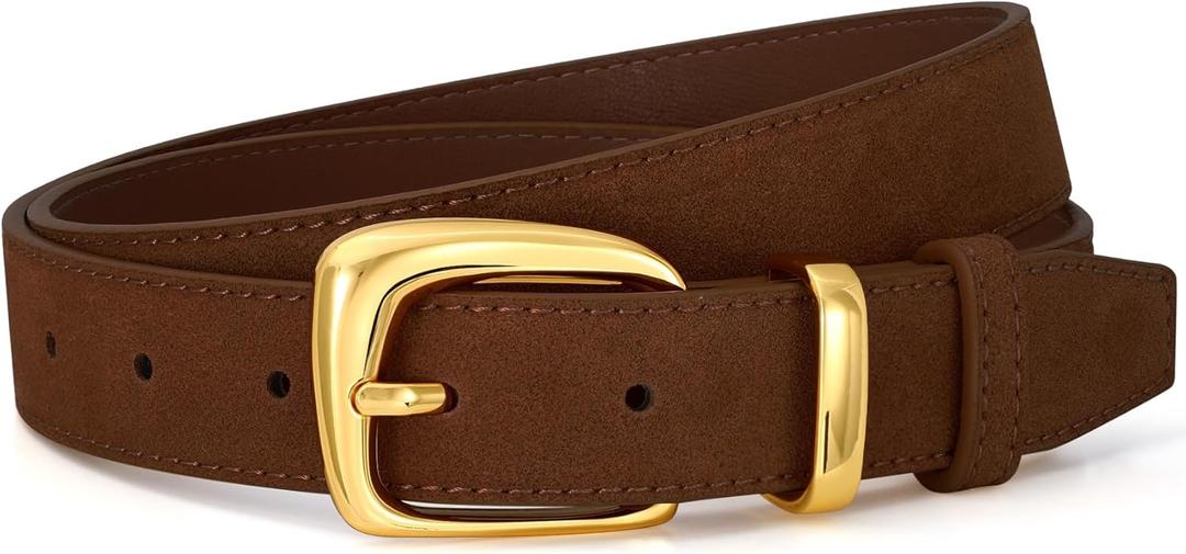 SANSTHS Women Suede Genuine Leather Belt for Dresses Jeans Fashion Retro Gold Buckle Ladies Waist Belts (Fit Waist Size 26-30 Inches, Coffee)