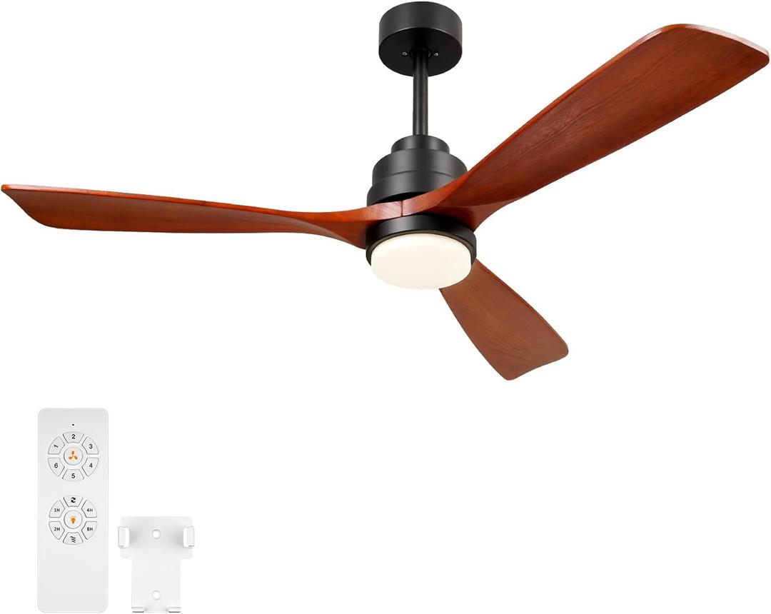Wood Ceiling Fan with Light,Energy Saving,Ultra-Quiet DC Motor,3 Blades,6 Speed,Outdoor/Indoor Ceiling Fan for Patio,Deck,Porch,Bedroom,Living Room,Brown Walnut and Black