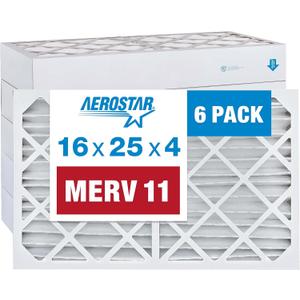 Aerostar 16x25x4 MERV 11 - 6 Count - Pleated HVAC, Furnace & Air Conditioner Filters - Removes Dust, Cold & Flu Germs, Lint, Mold, Pet Dander, Allergy-Causing Pollen, Smog & Smoke (15.5" x 24.5" x 3.8")