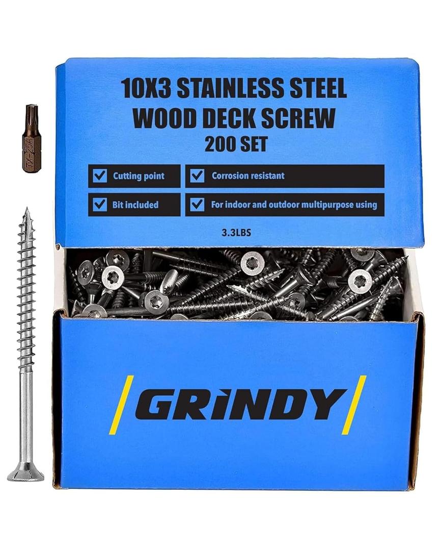 #10 x 3 Stainless Steel Wood Screws by Grindy (200pack/3.3LBS)  Self-Drilling Deck Screws I Rust Resistant I Quick Drive & Fast Grip I for Cabinet, Furniture & Other Projects I Bit Included