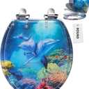 Angol Shiold Round Ocean Resin Toilet Seat Slow Close Quick Release Metal Zinc Alloy Hinge Easy to Install also Easy to Clean, Decorative Acrylic Seats (16.5 Inch, Blue Dolphins)