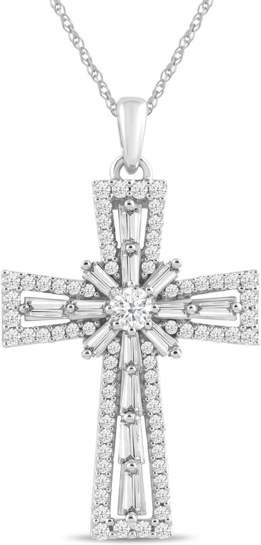 Amazon Essentials 10K White Gold Diamond Cross Pendant Jewelry Necklace (1 cttw), 18" (Previously Amazon Collection)