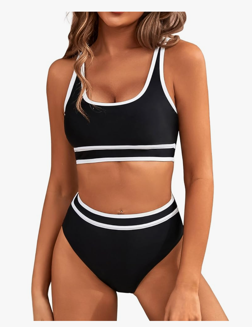 BMJL Women's High Waisted Bikini Sets Sporty Two Piece Swimsuits Color Block Cheeky High Cut Bathing Suits, L, Black & White