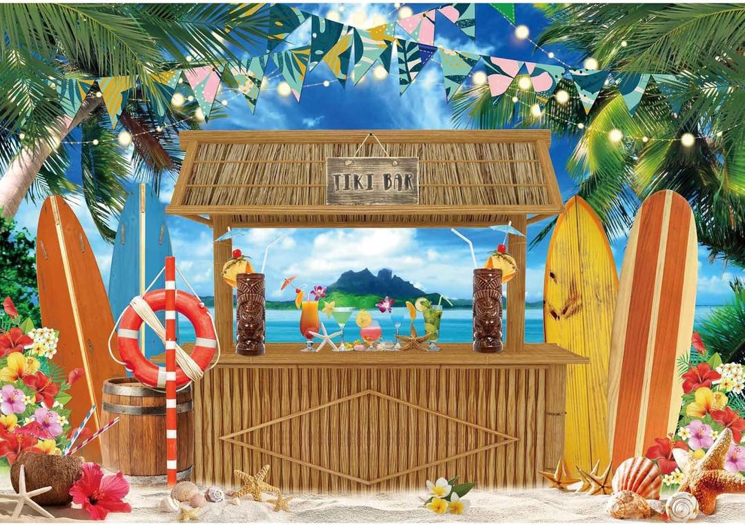 10x8ft Polyester Summer Tiki Bar Backdrop Hawaii Aloha Luau Tropical Luau Palm Floral Background Photography for Ocean Beach Wedding Baby Shower Party Decoration Banner Photo Booth Props