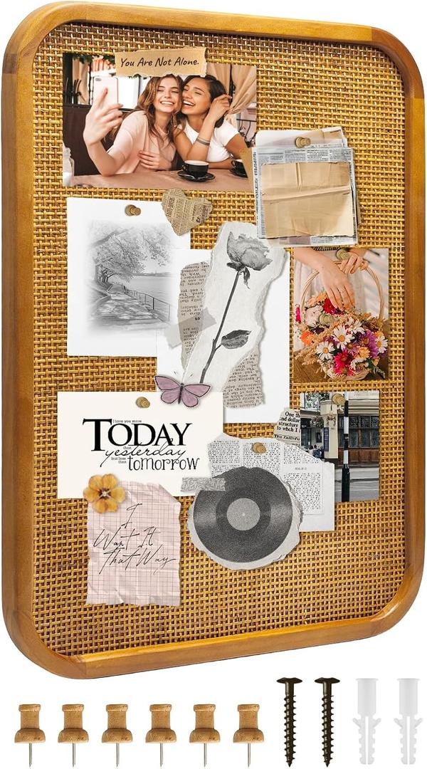18" x 24" Bulletin Board, Round-Edged Rectangle Rattan Corkboard, Wooden Frame Boho Style Wall Organizer,4560Teng