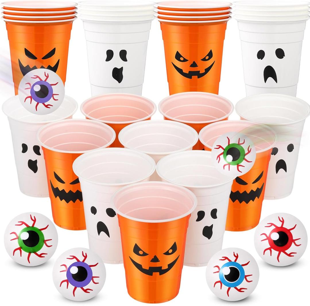 30 Pack Halloween Party Supplies Includes 22 Pcs Beer Cups with Halloween Designs and 8 Pcs 1.5In Fake Eye Balls for Party Favors Indoor Outdoor Nighttime Competitive(Pumpkin Ghost)