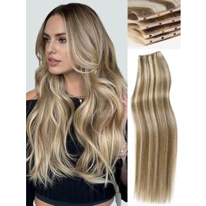 WIGNEE New Double Layered PU OVO Hair Extensions Blonde Ombre Straight Human Hair weft with beads 100% Real Human Hair Extensions 18 Inch Seamless Micro Beads Human Hair Extensions Glueless (9A/60)