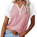 Womens Shirts Summer Henley V Neck Color Block Tshirts Raglan Short Sleeve Casaul Trendy Tops (Pink)