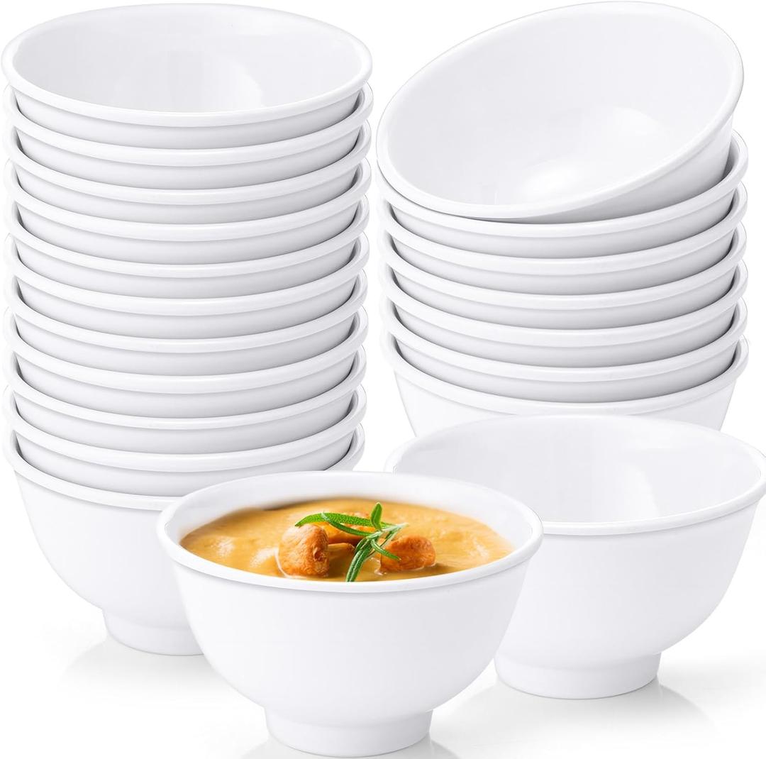 Tioncy 20 Pack 25 oz White Dessert Bowls Set Round Melamine Bowls for Pasta Cereal Rice Soup Snack Candy Ice Cream Pudding Fruit Salad, Dishwasher Safe