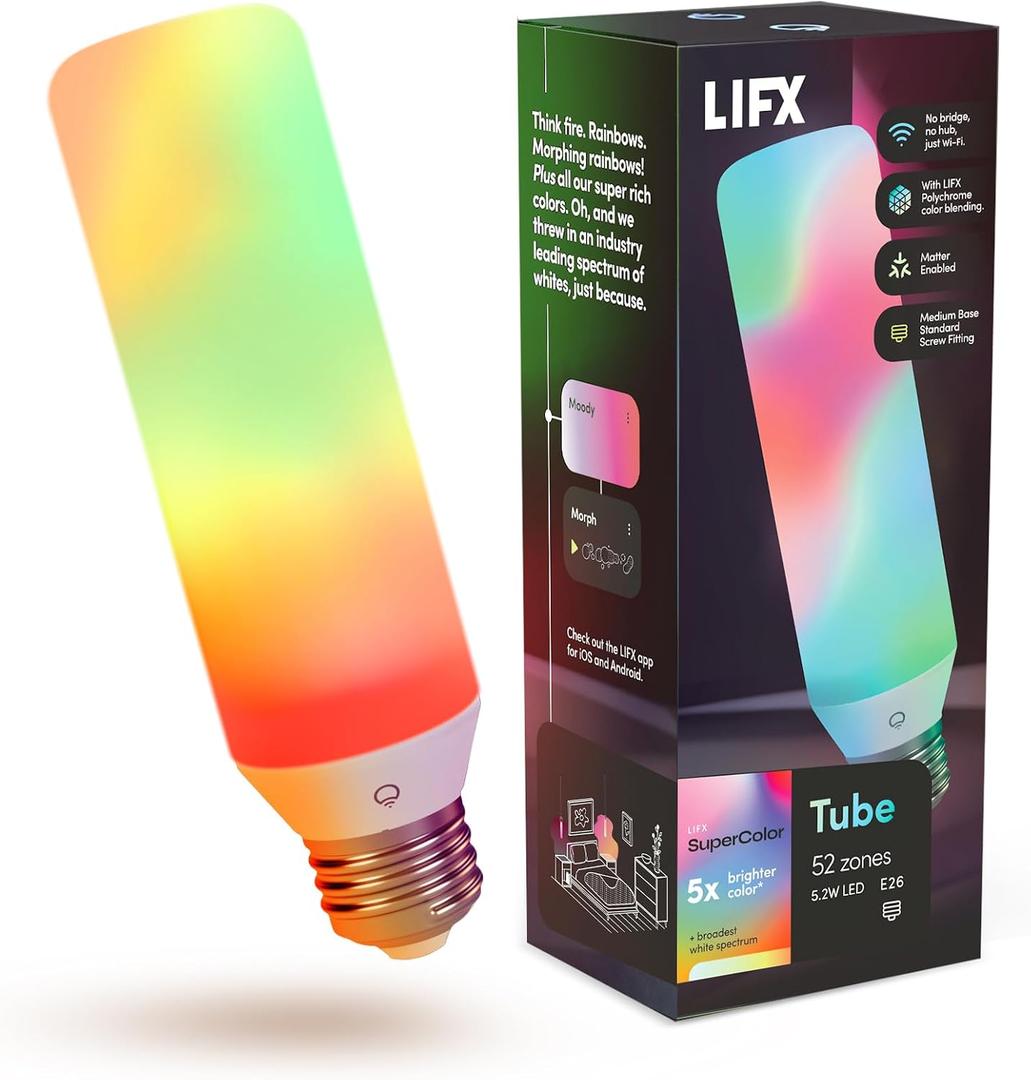 LIFX T10 LED Smart Light Bulbs E26, Color Changing Smart Tube Light, Tunable White, 52-Zone Multi-Color, Flame, Dimmable, Matter Compatible, Works with Apple HomeKit, Alexa & Google Home