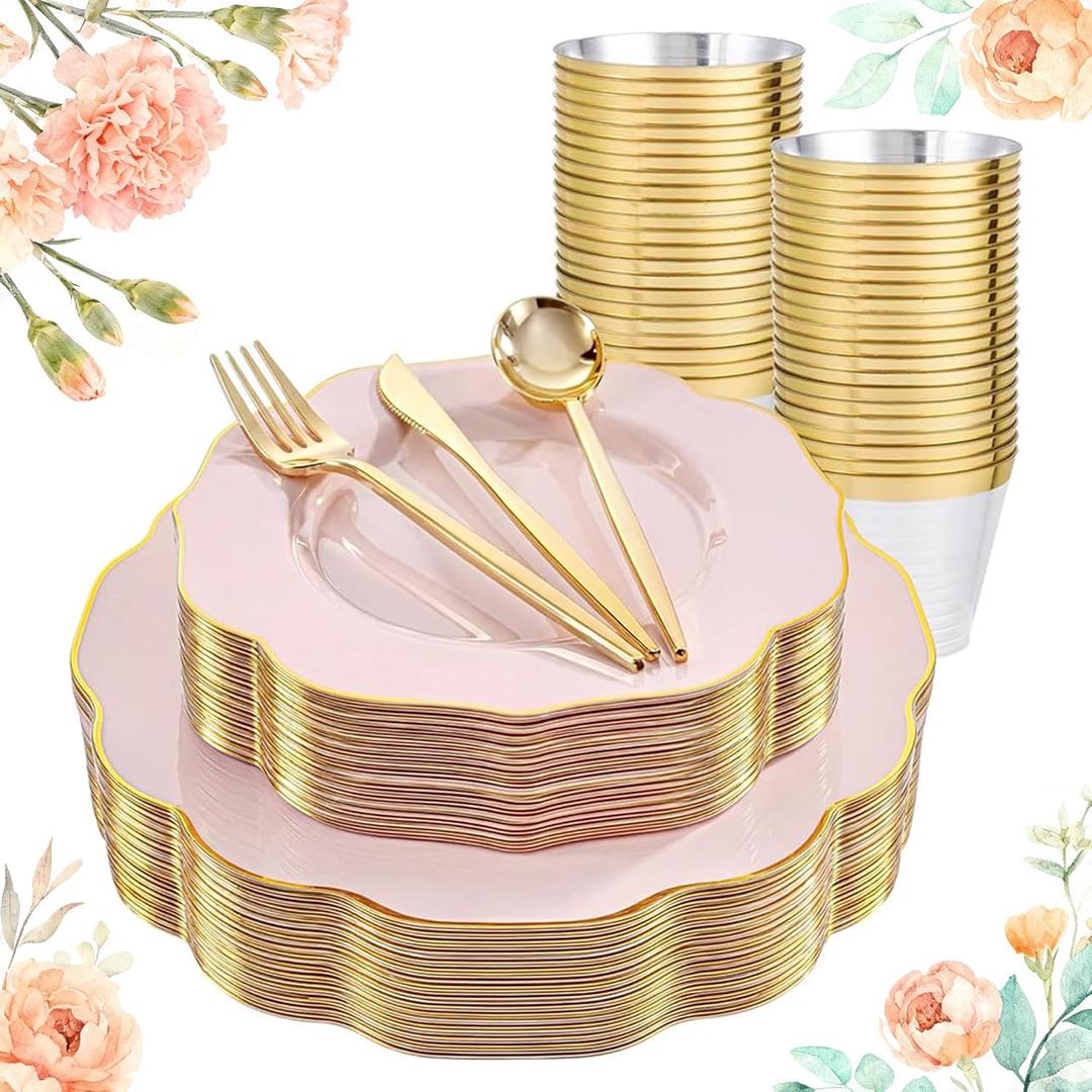 BUCLA 180PCS Pink Plastic Plates - Pink with Gold Rim Disposable for Party Include 30 Each (Dinner & Dessert) Plates, 30 Knives, 30 Forks, 30 Spoons, 30 Cups for Wedding, Birthday & Mother's Day