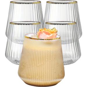 36 count Origami Ripple Unbreakable Stemless Plastic Wine Champagne Whiskey Glasses Elegant Durable Disposable Indoor Outdoor Ideal for Home, Office, Bars, Wedding, Ribbed 12 Ounce Cups (Gold Rim)