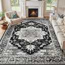 Washable 8x10 Area Rugs Living Room: Vintage Soft Black Grey Rug