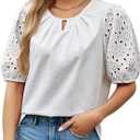 SOFIA'S CHOICE Women's Puff Short Sleeve Tops Eyelet Embroidered Blouses Dressy Work Shirts White Small (White, M)