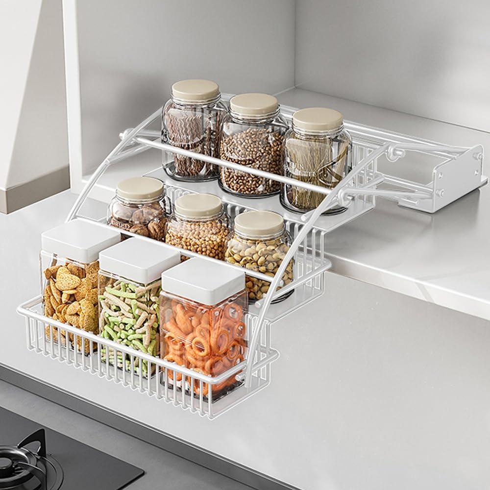 3-Tier Pull Down Spice Rack Organizer for Inside Cabinet Expandable Display Riser Shelf Seasoning Shelf (10.8IN/White)