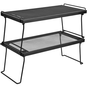 IBERG Stackable Cabinet Shelf Organizer, Set of 2 Metal Pantry Shelves for Kitchen Counter, Expand Cabinet Storage, Foldable Mesh Rack for Pantry, Bathroom & Closet (Black)