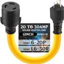 RV Generator Welder Adapter Compatible with NEMA 6-20P to L6-30R 20A 3 Prong Male Plug to 30A 3 Prong Locking Female Receptacle Dryer EV Charger Power Adapter STW 10 AWG, 1FT, ETL Listed