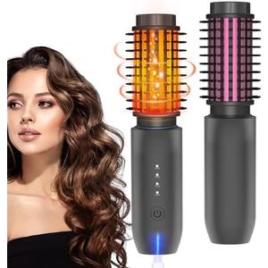 Cordless Hair Curling Iron Brush, Travel Hot Straightener Comb Curl Brush, 3-in-1 Portable Curling Iron Cordless Wand, USB Rechargeable Curling Wand-Blush(Gray)