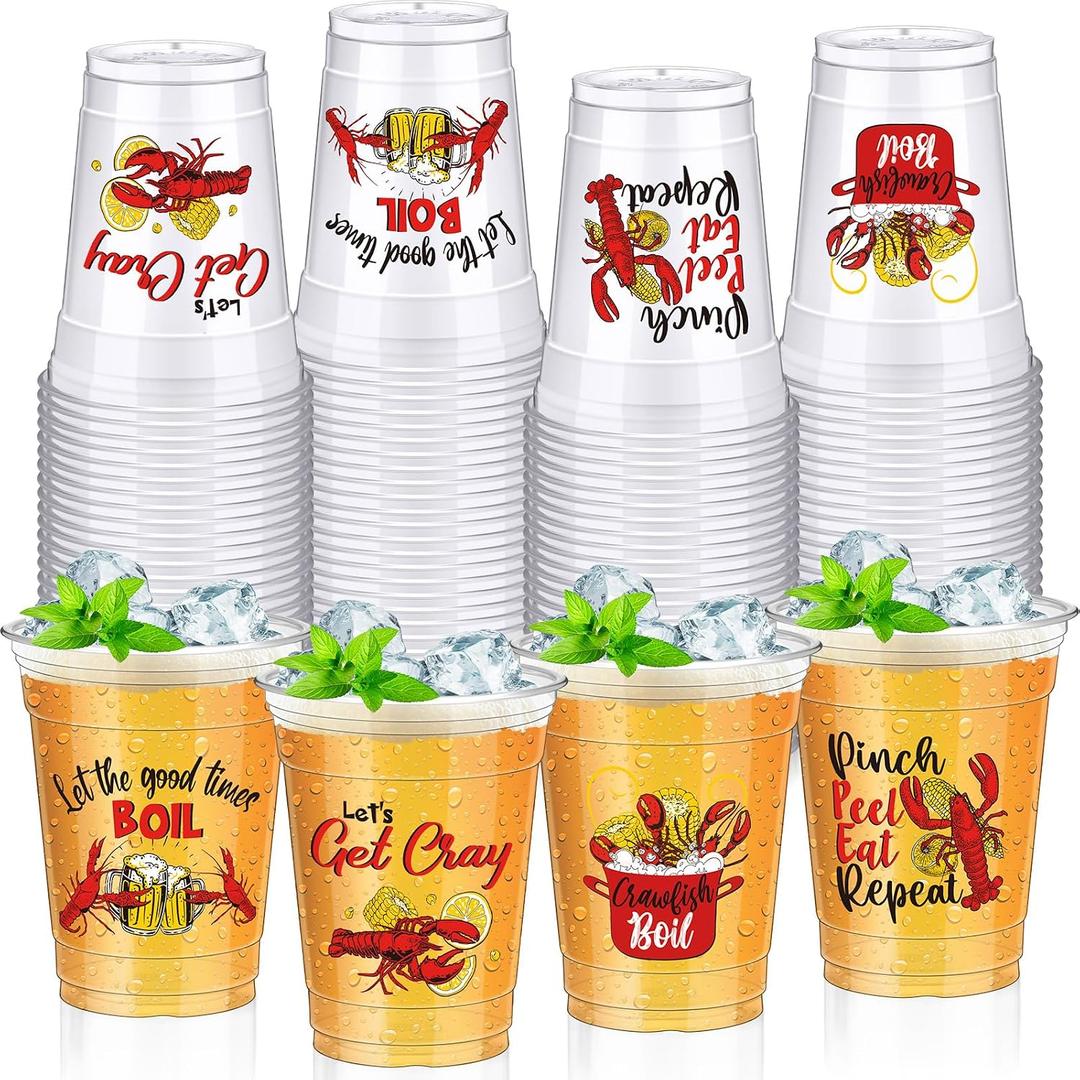 Sliner 100 Pcs 12oz Crawfish Boil Party Plastic Cups Bulk Let's Get Cray Disposable Clear Cups for Cold Drink Lobster Shrimp Seafood Party Summer Picnic Beach BBQ Travel (Crawfish)
