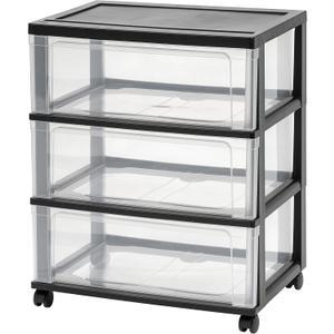 IRIS USA Plastic Drawer Storage Organizer Rolling Cart, with Wheels Casters, 3-Drawers, for Art Craft Supplies Bathroom Dorm Bedroom Laundry Room, Wide, Black