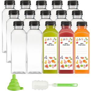 GUSTO [16 oz. - 15 Count Reusable Plastic Juice Bottles With Caps, Labels, Brush, and Silicone Funnel - Clear plastic Bottles with Caps, Juice Containers with lids, for All Beverages