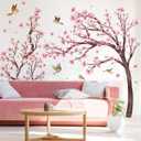 Pink Cherry Blossom Floral Birds Wall Decals Large Cherry Blossom Tree Branch Wall Stickers for Sofa TV Background Wall Decor Bedroom Living Room 67.32x42.91inch