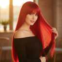 Red Long Silky Straight Wig With Bangs for Women Heat Resistant Synthetic Natural Looking Hair for Girls Daily Use Party Cosplay