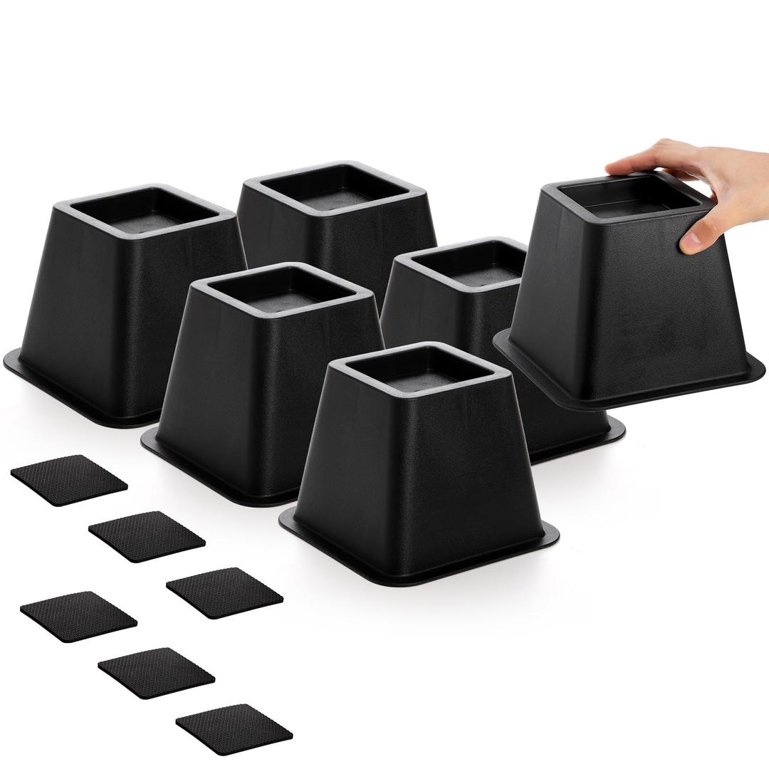 Bed Risers 4 Inch Heavy Duty, 6 Pack Durable Plastic Furniture Lifts, Supports 2200 lbs per Leg for Bed, Sofa, Desk, Non-Slip & Stackable Design