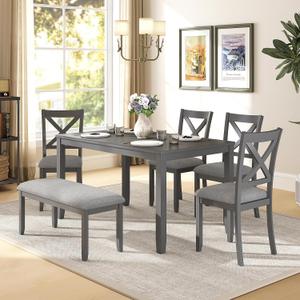 6-Piece Wooden Dining Table Set, Dining Table Set for 6, Including 1 Dining Table, 4 Upholstered Chairs and 1 Bench, Wooden Legs Dining Table, Table Set for Dining Room, Grey