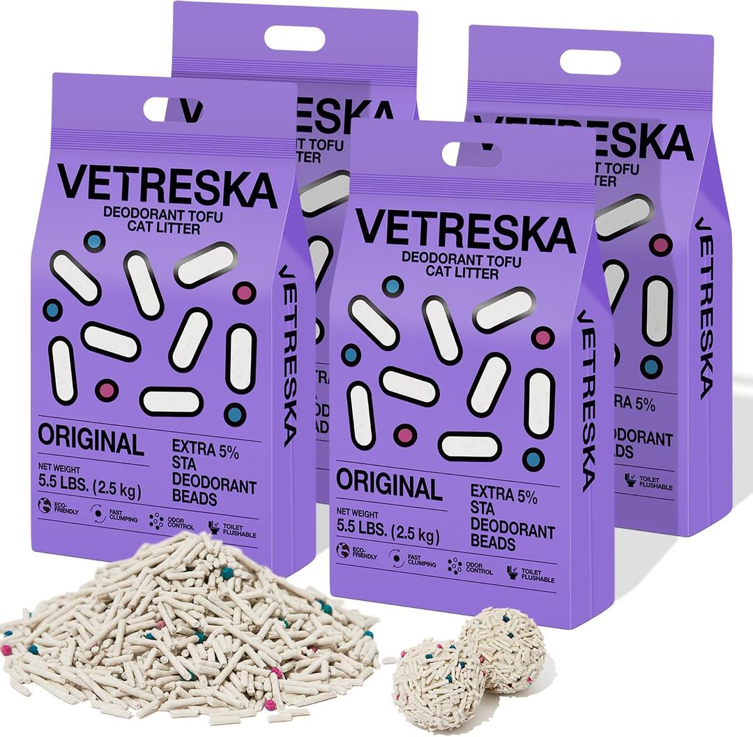VETRESKA Tofu Cat Litter,Natural Kitty Litter Strong Clumping Flushable Cat Litter Pellets Ultra Absorbent,Odor Control,Dust-Free,Low Tracking Eco-Friendly Tofu Litter,Original(5.5lb4bags)