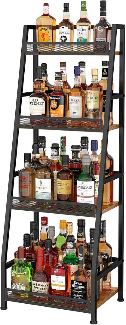 4-Tier Trapezoid Liquor Stand for Home Bar, Stepped Wine Rack Freestanding Floor Liquor Cabinet for Whiskey Wine, Versatile Corner Wine Bottle Display Stand with Fences, Vintage BrownPatent Pending