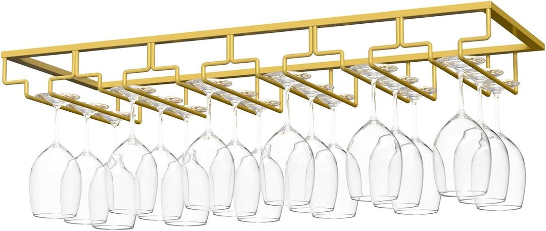 Nuovoware Wine Glass Rack - Under Cabinet Stemware Wine Glass Hanger Rack Holder for Bar Kitchen Cabinet, 6 Rows - Light Gold