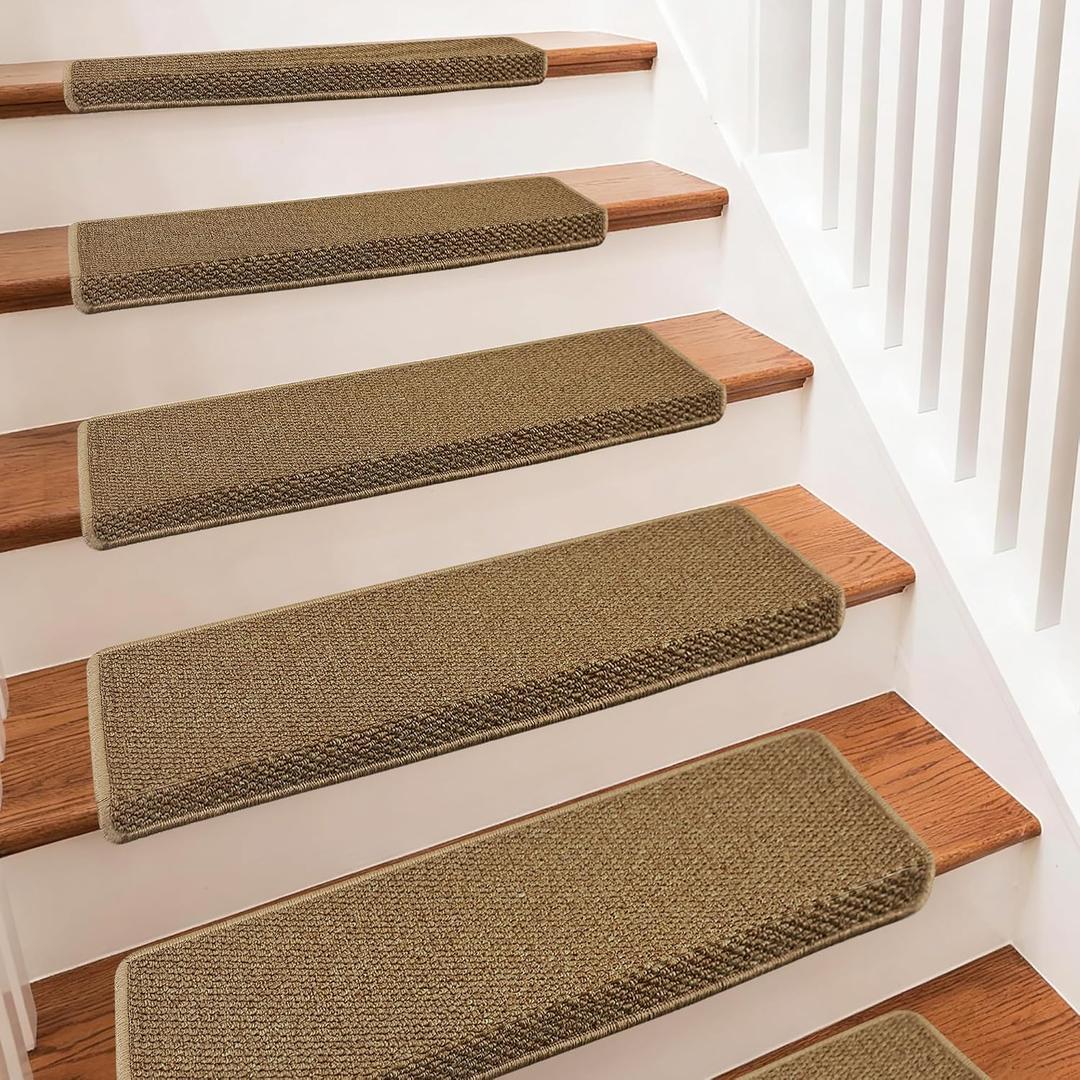 Bullnose Carpet Stair Treads, 14 Pack - 29.5"x9.5" Non-Slip for Wooden, Peel and Stick Stair Runner, Edging Stair Protectors, Pet Friendly, Washable, Camel