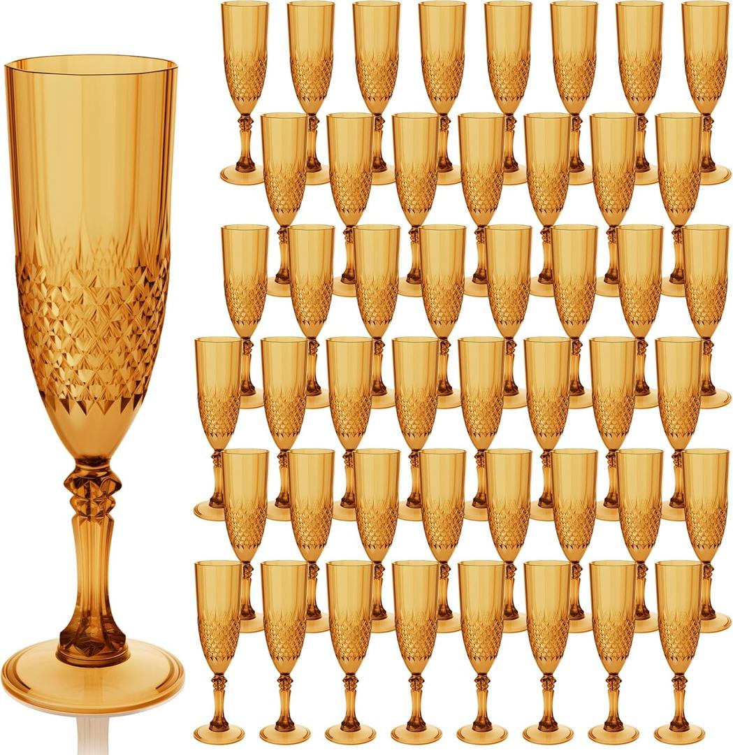 Plastic Champagne Flutes, Champagne Glasses Bulk, Reusable Unbreakable Acrylic Wine Glasses Goblets for Weddings Bachelor Parties Toasting Bridal Shower (48,Amber)