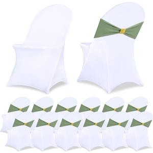 Moukeren 24 Pack White Folding Chair Cover Set with 12pcs Stretch Spandex Chair Slipcovers 12pcs Buckle Sashes Bow for Wedding Banquets Parties Events (Sage Green)