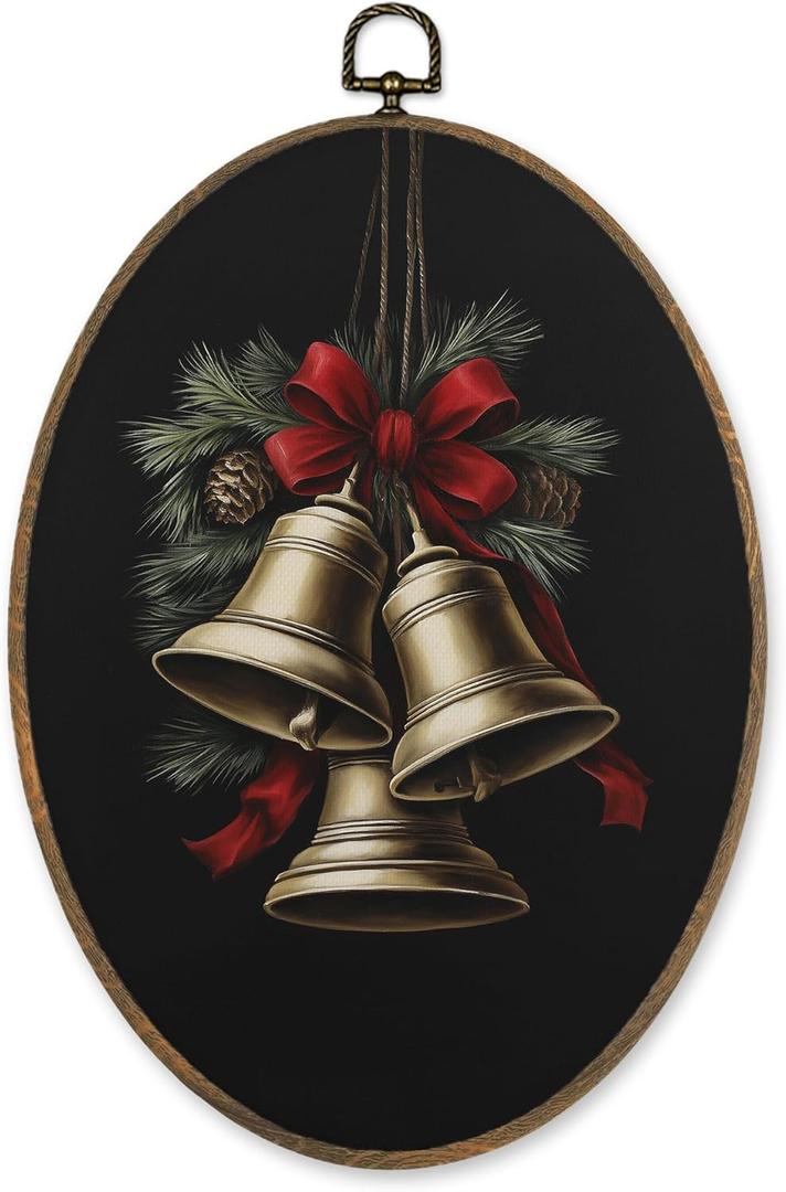 KVEKVE Vintage Ornaments Framed Oval Wall Art,Rustic Winter Snowy Bells Decor,Rustic Scene Hanging Canvas Prints For Birthday Gifts For Women,Housewarming Gifts,Bedroom Living Room,8.6x11.4 Inch