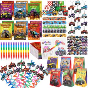 Monster Truck Party Favors Serve 12, Machine Jam Birthday Supplies include Slap Bracelet Coloring Books with Stacking Crayons Drinking Straws Keychain Stickers Gift Bags for Kids 122Pcs
