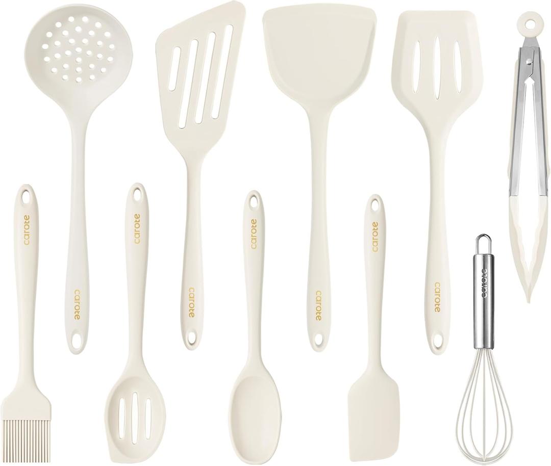 CAROTE Kitchen Utensil Set for Nonstick Cookware, Heat Resistant Silicone Cooking Utensils Set 10pcs, White, Oderless Spatula, Turner