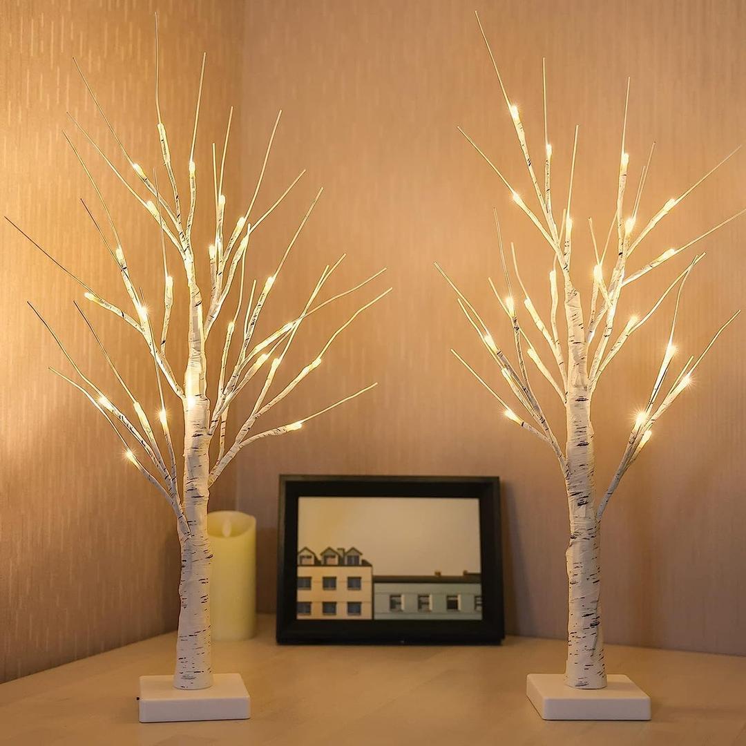 2-Pack 2FT Lighted Birch Tree with Timer for Christmas Decorations Indoor, Artificial Birch Tree with 48 LED Warm White Lights, Fairy Light Tabletop Centerpiece Tree for Christmas Winter Deocrations