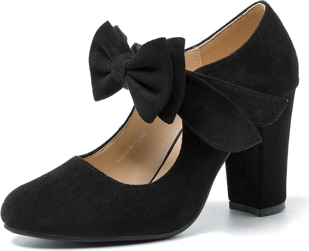 MAIERNISI JESSI Women's Bowknot Mary Jane Block Heel Round Pumps Closed Toe Dress Shoes Black US 12