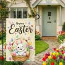 6 x Happy Easter Garden Flag - Gift Ready Packed - Easter Decorations Outdoor, Spring Decor Premium Linen Yard Flags for Outside, Winking Bunny & Eggs 12x18 Inch Double Sided (Beige)