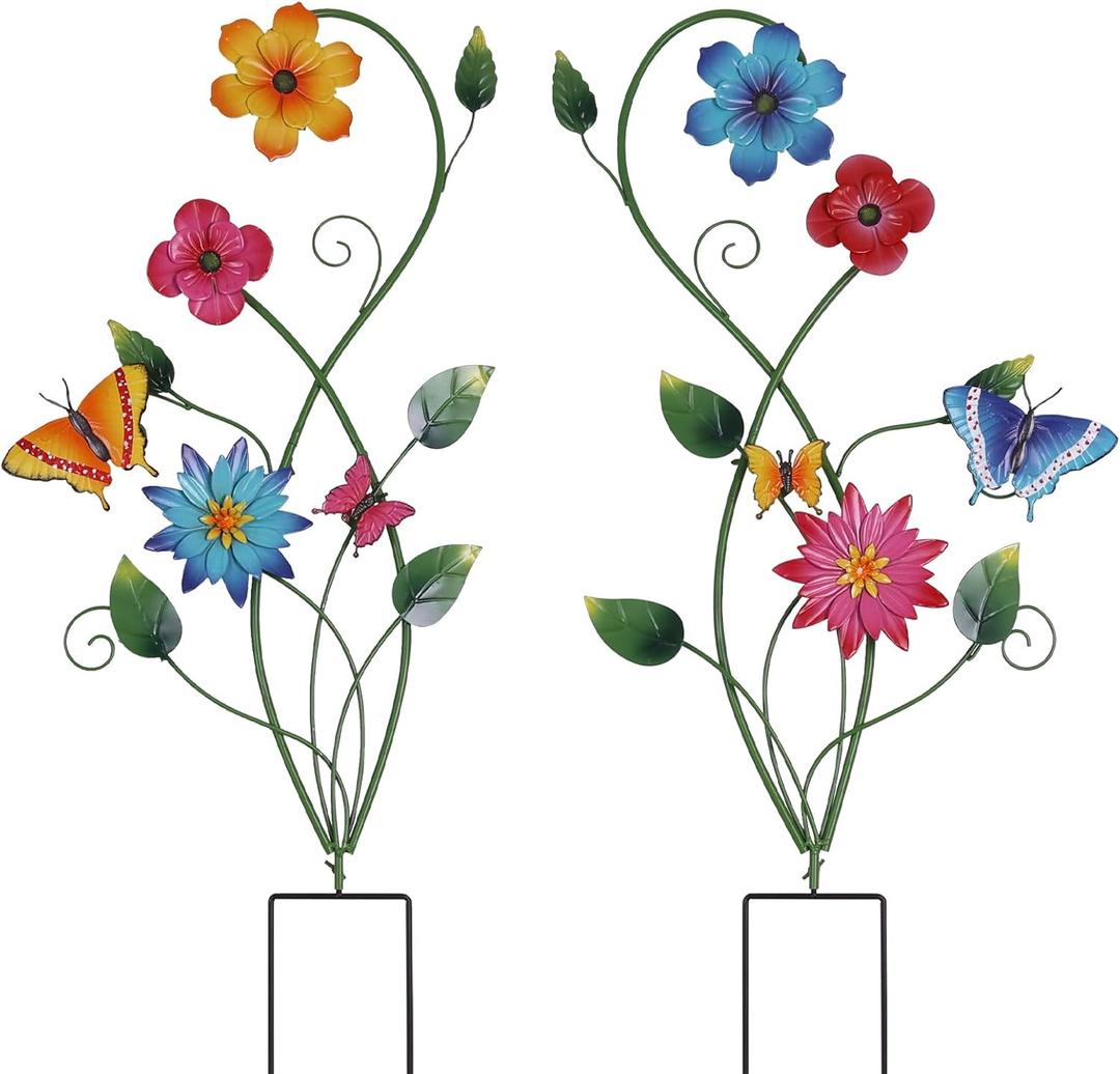 YEAHOME Garden Decor for Outside, 2 Pack 37 Metal Butterfly Garden Stakes, Spring Wall Decor, Colorful Look & Personalities Flowers Yard Art for Outdoor Lawn Backyard Porch Patio Home Decorations
