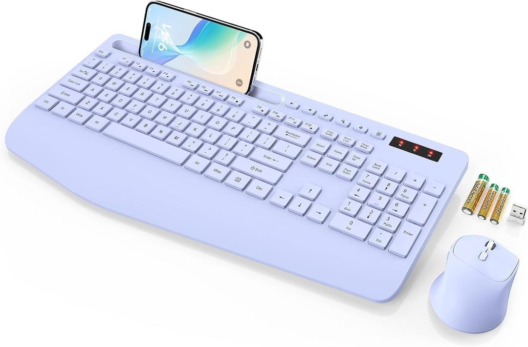 SABLUTE Wireless Keyboard and Mouse, Wrist Rest, Phone Holder, Batteries Included, 2.4G Lag-Free Ergonomic Keyboards Mouse Combo, Silent Keyboard Cordless Set for Computer, Laptop, PC, Windows, Purple (1 Pack)