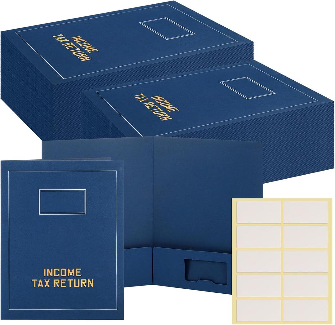 Kisston 50 Pcs Tax Return Folders Bulk 2 Pocket Gold Foil Stamped Income Tax Folders with Labels Business File Office Blank Organizer (Blue)