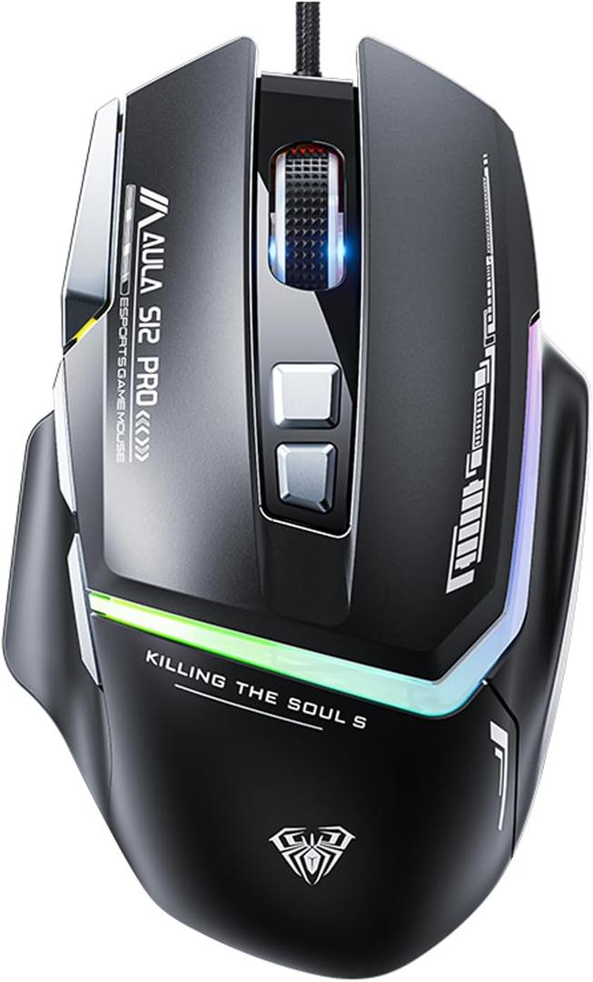 AULA S12Pro Wired Gaming Mouse,12800 DPI Optical Gamer Mouse with RGB Backlit,8 Programmable Buttons,Software Supports DIY Keybinds Rapid Fire Button