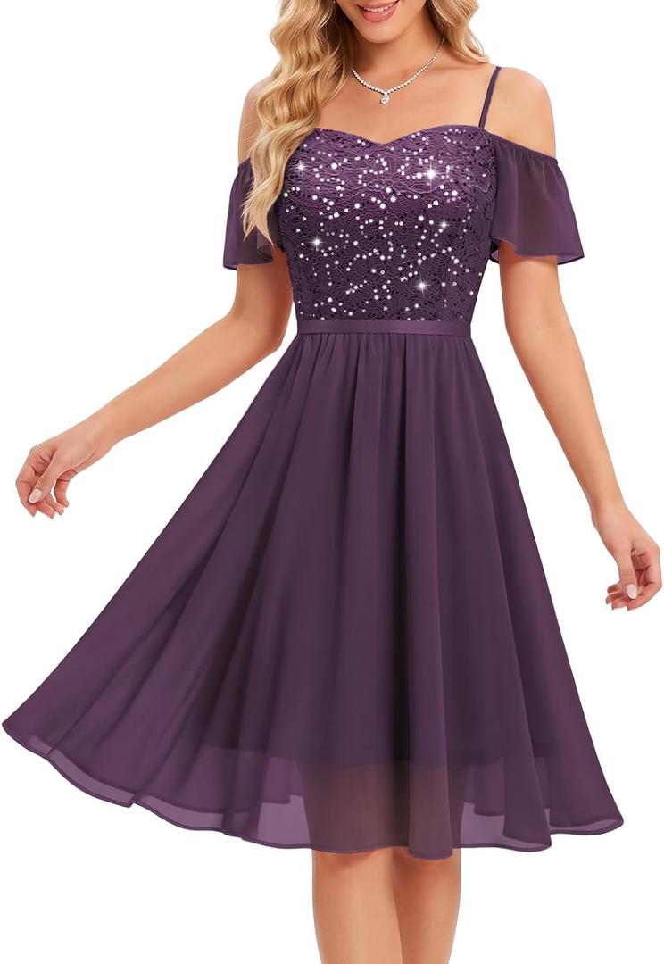 MUADRESS Sequin Cocktail Prom Dress for Teens Sparkly Lace Wedding Guest Dress for Women (Purple, XL)