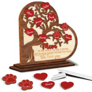 Mothers Day Gift for Mom Grandma Love Grows Here Family Tree Plaque Wall Decor Wooden DIY Names, Birthday Mom Gift from Daughter Son Grandkids, Frame Family Sign with Pet Dog Cat Name HF350 (10L" x 10W")