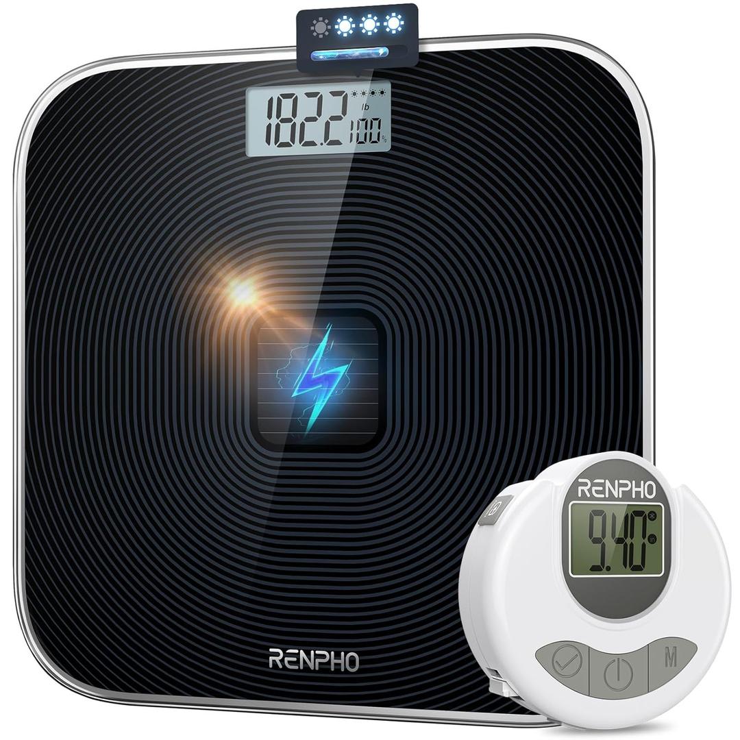 RENPHO Scale for Body Weight & Smart Tape Measure, Non-Bluetooth Solar-Powered Digital Bathroom Scale Charged by Sunlight/Indoor Lights, Body Measuring Tape for Weight Loss, 60in /150cm (11 inches (280 mm))