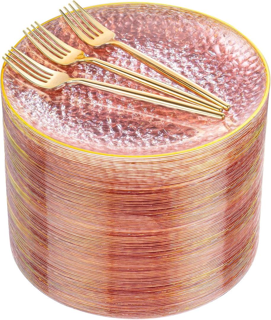 DaYammi 240Pcs Pink Plastic Plates Including 120Pcs Pink Dessert Plates and 120Pcs Gold Plastic Forks,Hammered Party Plate,pink and Gold Appetizer plates Heavy duty Disposable Cake Plate for Party